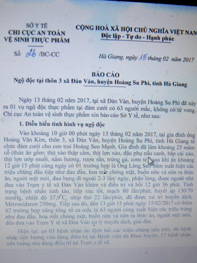 Báo cáo của Chi cục vệ sinh an toàn thực phẩm. (ảnh: Phàn Giào Họ)