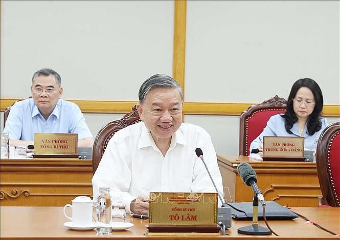 Tổng Bí thư Tô Lâm chủ trì cuộc họp của Bộ Chính trị, Ban Bí thư. Ảnh: TTXVN