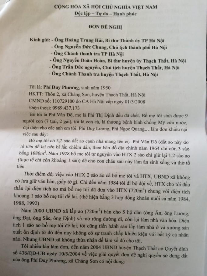 Đơn đề nghị của ông Phí Duy Phương gửi Tòa soạn Pháp luật Plus (Báo Pháp luật Việt Nam).