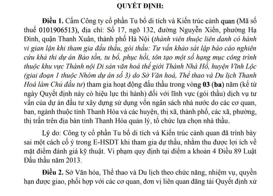 Cấm thầu 3 năm đối với Công ty CP Tu bổ di tích và Kiến trúc cảnh quan