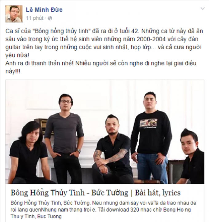 Sau khi thông tin ca sỹ Trần Lập qua đời được đăng tải, cộng đồng mạng đã bày tỏ niềm tiếc thương vô hạn đối với ca sỹ của Boogn hồng thủy tinh. Ảnh: Facebook.