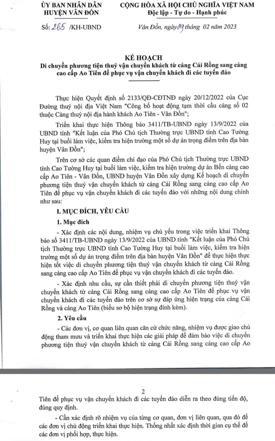 kế hoạch số 265/KH-UBND về việc di chuyển phương tiện vận tải thuỷ vận chuyển khách từ cảng Cái Rồng sang cảng cao cấp Ao Tiên của UBND huyện Vân Đồn.