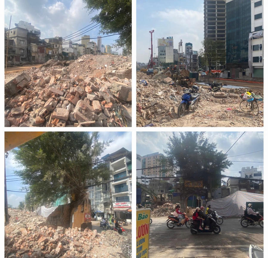 Trên tuyến đường La Thành - Thành Công việc phá dỡ đang khẩn trương hoàn tất, đất thải xây dựng chất thành từng đồng lớn.