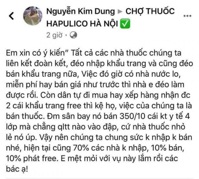 Lời kêu gọi không bán khẩu trang được chia sẽ lên trang facebook chợ thuốc Hapulico