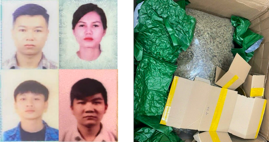 Chân dung nhóm đối tượng bị đề nghị truy tố cùng tang vật. Ảnh: CA Hà Nội.