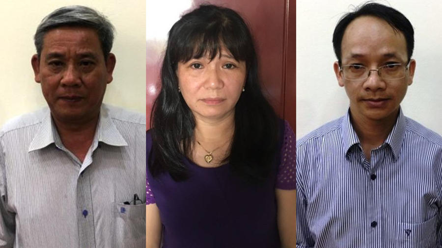 Từ trái qua phải, các bị can Lê Văn Thanh, Nguyễn Thị Thanh An, Nguyễn Thanh Chương. Ảnh: Bộ Công an