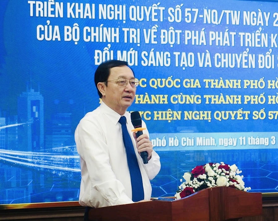 PGS.TS Huỳnh Thành Đạt, Phó Ban Tuyên giáo và Dân vận Trung ương phát biểu tại Hội thảo khoa học triển khai thực hiện Nghị quyết 57-NQ/TW của Bộ Chính trị về đột phá phát triển khoa học - công nghệ, đổi mới sáng tạo và chuyển đổi số (KHCN, ĐMST&CĐS) quốc gia tại TP. Hồ Chí Minh ngày 11/3/2025