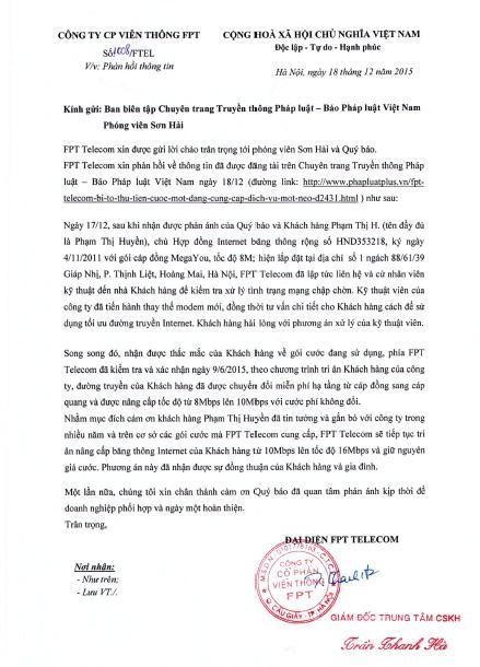 Văn bản phản hồi thông tin vụ việc từ phía FPT Telecom gửi tới Pháp luật Plus.