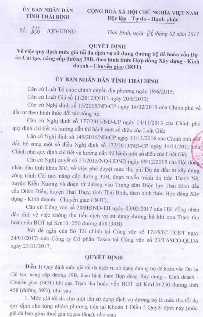Nội dung Quyết định số 326/QĐ-UBND của UBND tỉnh Thái Bình do chủ tịch Nguyễn Hồng Diên ký ngày 6/2 (trang 1-2).