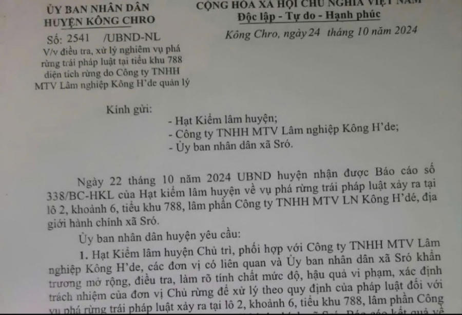 Công văn của UBND huyện Kông Chro gửi các cơ quan chức năng liên quan. Ảnh: T.D