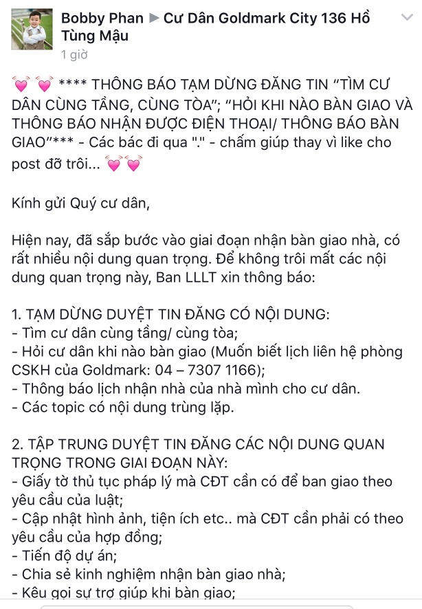 Một admin của một nh&oacute;m cư d&acirc;n th&ocirc;ng b&aacute;o chỉ ưu ti&ecirc;n duyệt những th&ocirc;ng tin ti&ecirc;u cực của dự &aacute;n nhằm mục đ&iacute;ch điều hướng dư luận v&agrave;o lợi &iacute;ch c&aacute; nh&acirc;n của m&igrave;nh.