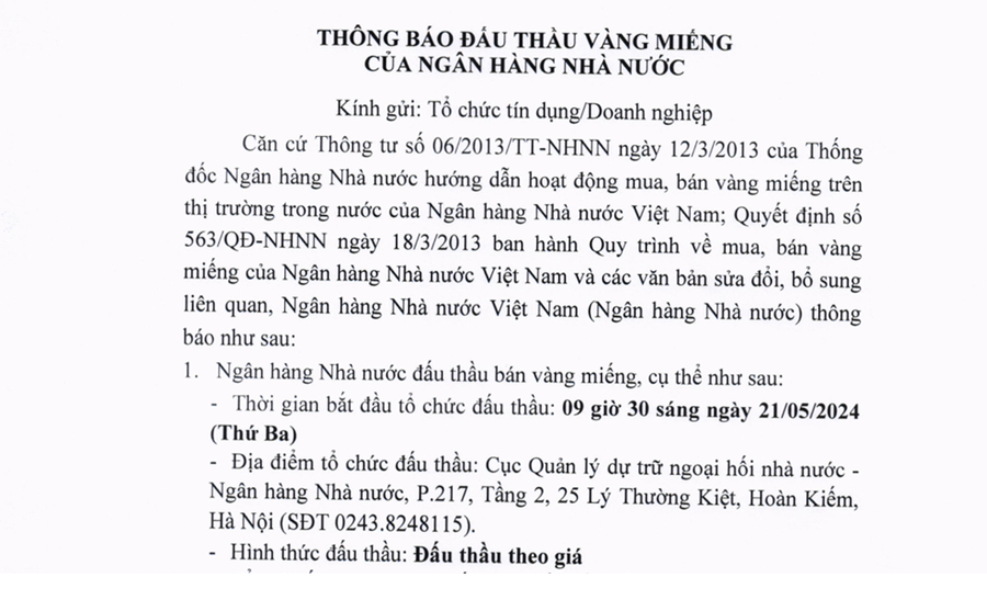 Thông báo đấu thầu của Ngân hàng Nhà nước.