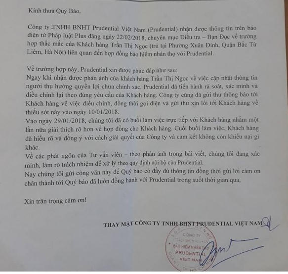Công ty bảo hiểm Prudential thông tin tới Pháp luật Plus.