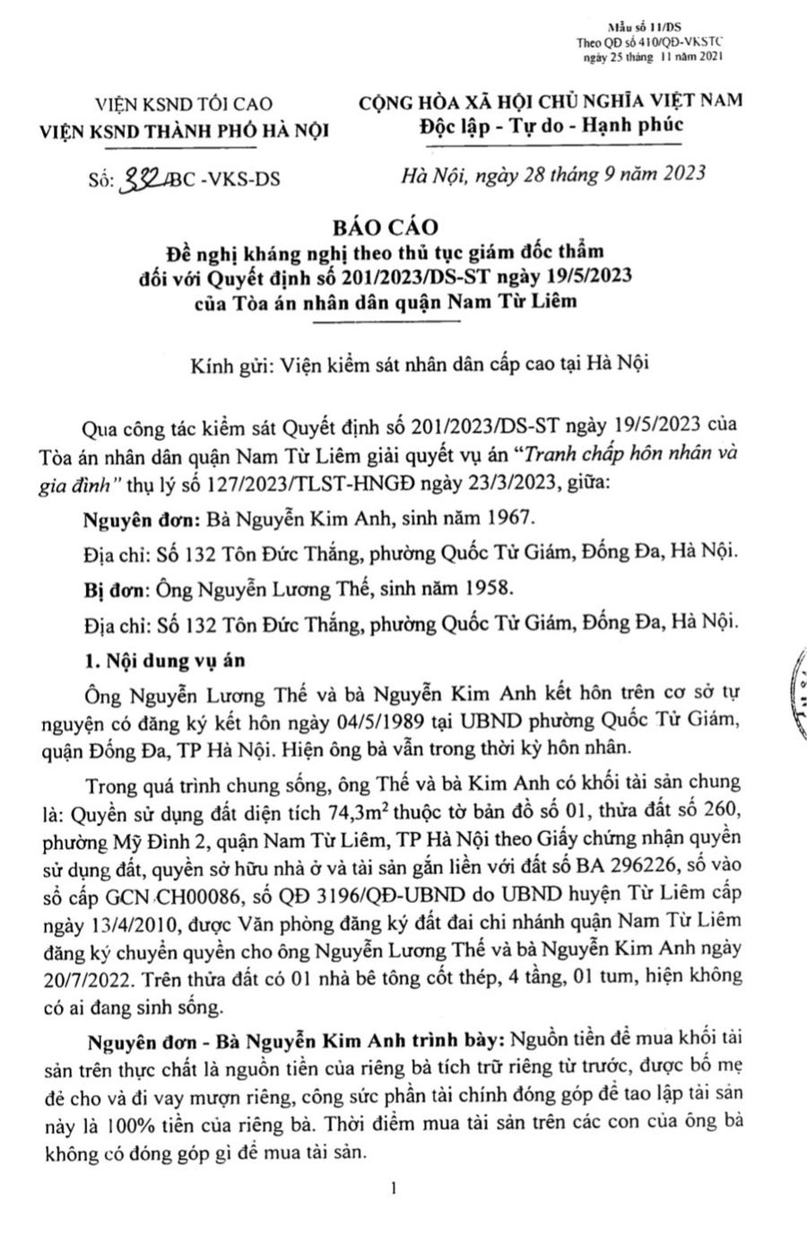 Báo cáo đề nghị kháng nghị theo thủ tục giám đốc thẩm của Viện KSND thành phố Hà Nội
