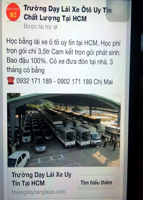 Lời quảng cáo trên mạng về khóa học lái xe B2 với giá chỉ 3,5 triệu đồng, bao đậu 100%.