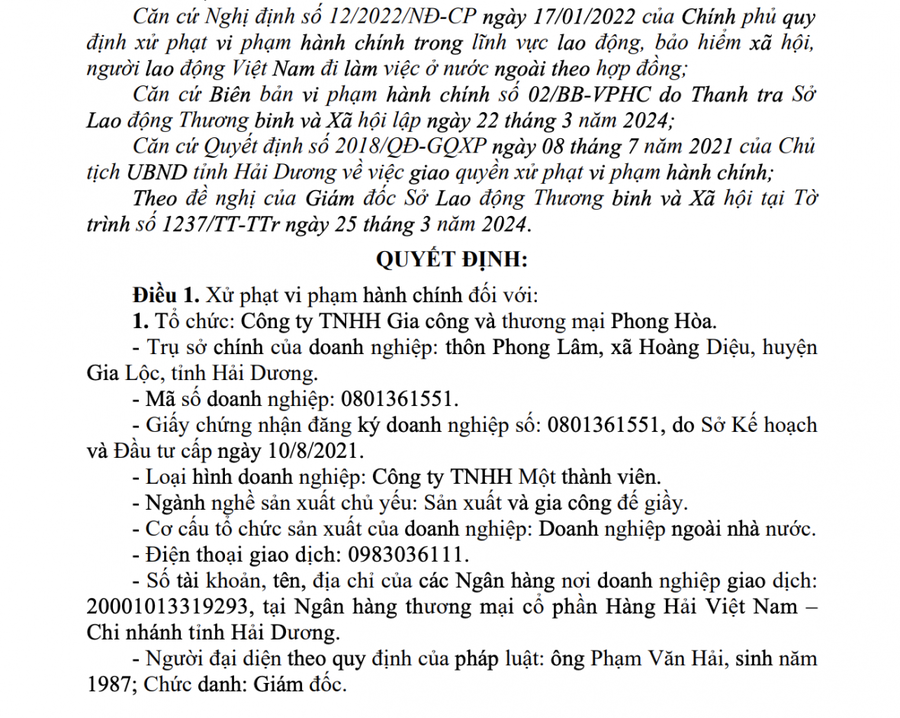 Cơ quan chức năng đã ban hành quyết định xử phạt đối với Công ty TNHH Gia công và thương mại Phong Hòa.