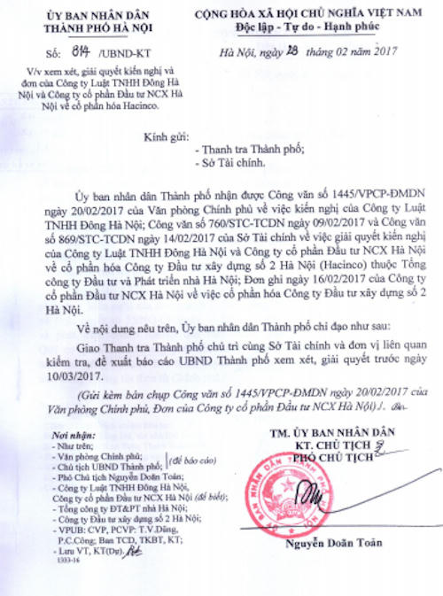 Ngay sau khi Văn phòng Chính phủ ra công văn đốc thúc, ngày 28/2/2017, UBND TP Hà Nội đã ban hành Công văn số 814/UBND-KT do ông Nguyễn Doãn Toản - Phó Chủ tịch UBND TP Hà Nội ký gửi Thanh tra thành phố và Sở Tài chính TP Hà Nội.