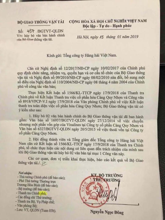 Thứ trưởng Bộ GTVT Nguyễn Ngọc Đông đã ký quyết định 457/BGTVT – QLDN về việc huỷ bỏ 2 văn bản hành chính do chính cơ quan này ban hành.