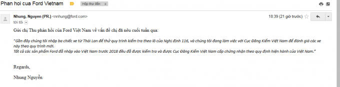 Email phản hồi rất chung chung và ngắn gọn cùa Ford Việt Nam.