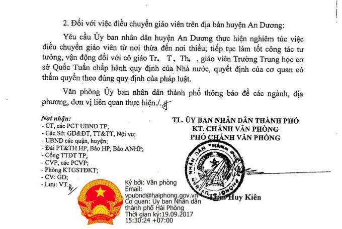 Văn bản thông báo của UBND TP Hải Phòng.