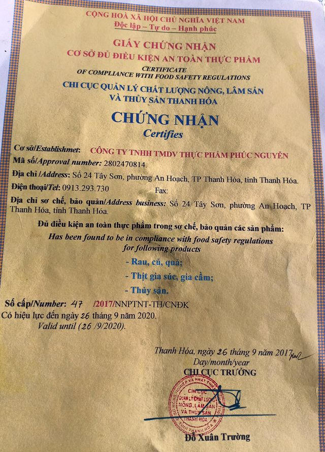 Giấy chứng nhận đủ điều kiện an toàn thực phẩm trong sơ chế, bảo quản sản phẩm của Công ty thực phẩm Phúc Nguyễn đã bị thu hồi.