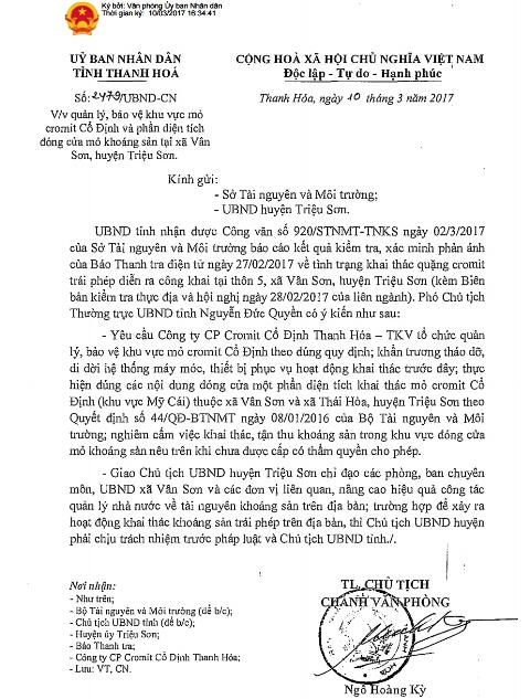 Công văn số 2479/UBND-CN về việc đóng một phần cửa mỏ cromit, nghiêm cấm khai thác quặng trái phép tại huyện Triệu Sơn