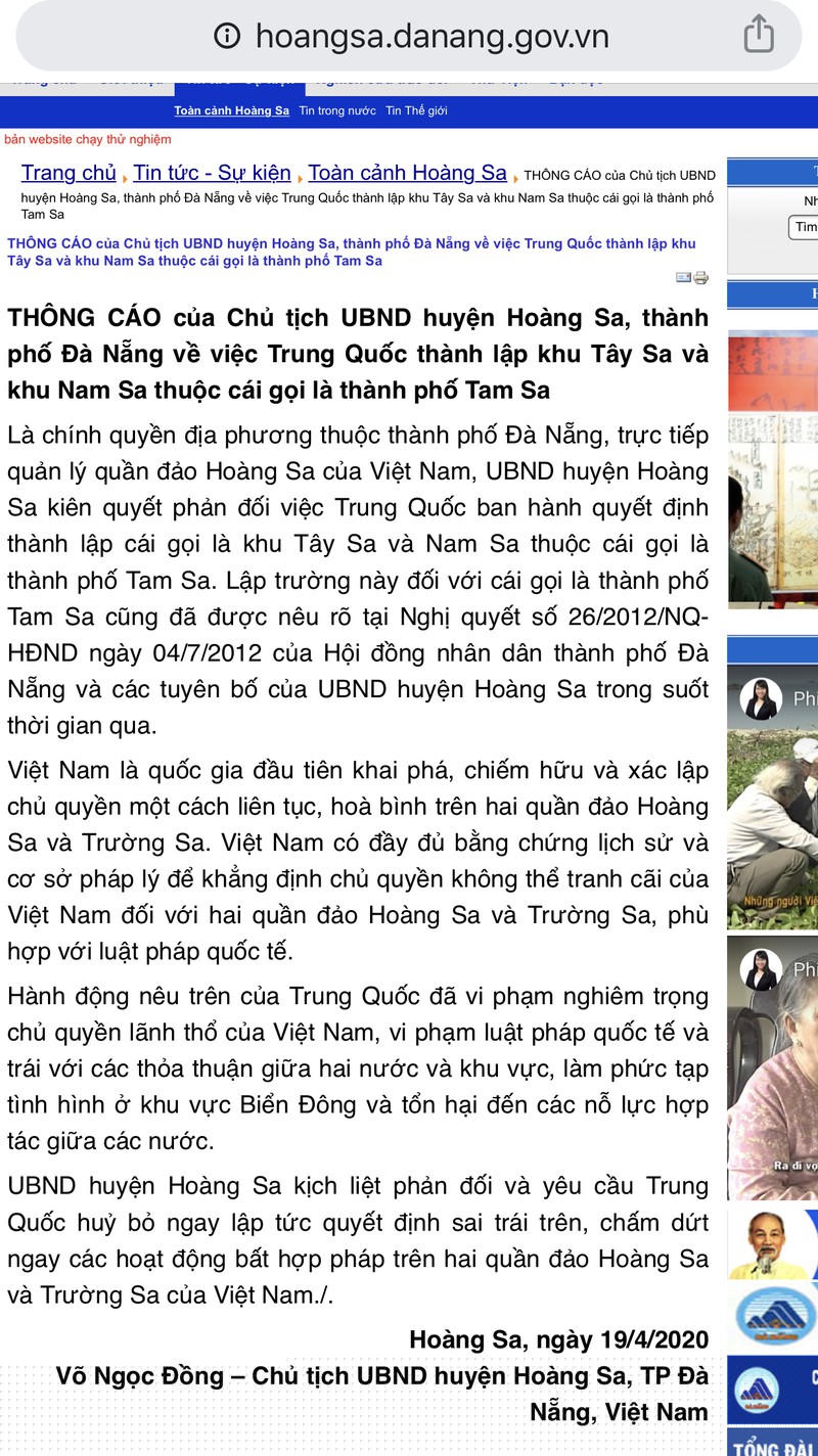 Thông cáo của Chủ tịch UBND huyện Hoàng Sa 