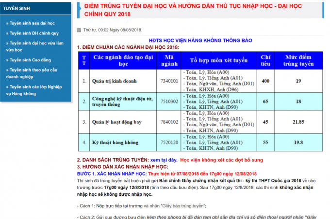 Học viện Hàng không công bố điểm chuẩn 2018, cao nhất 21,85 điểm