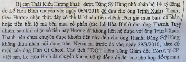 Lời khai về việc chia “lộc” cho Trịnh Xuân Thanh (ảnh chụp từ tư liệu vụ án).