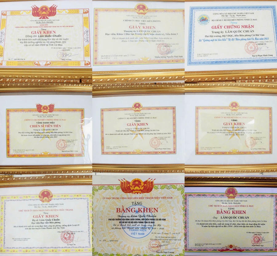 Thượng úy Lâm Quốc Chuẩn đã vinh dự được nhiều Bằng khen và Giấy khen của Ủy ban TW Hội Liên hiệp Thanh niên Việt Nam, Chủ tịch UBND tỉnh Cà Mau, Bộ Chỉ huy BĐBP tỉnh Cà Mau, Chủ tịch UBND huyện Phú Tân...