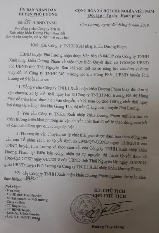 Văn bản số 694/UBND-TNMT, do ông Hoàng Duy Hưng, Phó Chủ tịch UBND huyện Phú Lương ký yêu cầu Công ty Dương Phạm nghiêm túc triển khai thực hiện tiến độ đã cam kết.