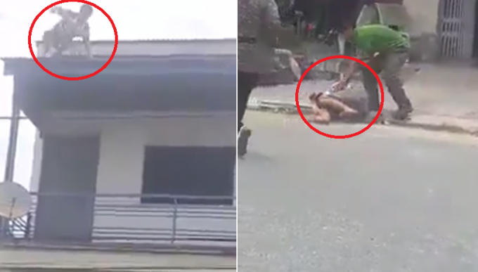 Người đàn ông nhảy từ mái của tòa nhà xuống đất. Ảnh: Cắt từ clip