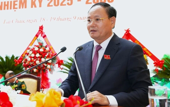 Ông Lê Minh Ngân phát biểu tại Đại hội Đảng bộ tỉnh Lai Châu ngày 18/9. Ảnh: Cổng thông tin Lai Châu.