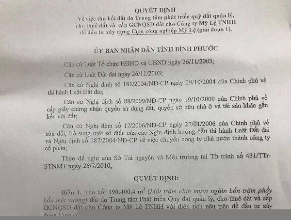 Quyết định thu hồi hơn 19 ha để, công ty Mỹ Lệ làm dự án cụm khu công nghiệp nhưng trong quy hoạch chi tiết xây dựng 1/500 do tỉnh Bình Phước cấp cho công ty Mỹ Lệ năm 2019 không còn