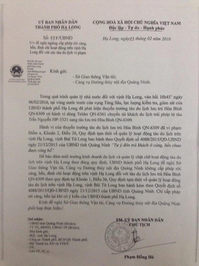 Công văn chỉ đạo của UBND TP Hạ Long gửi đến các đơn vị chức năng liên quan.