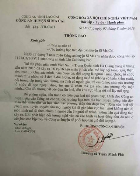 Văn bản thông báo của CA huyện Simacai