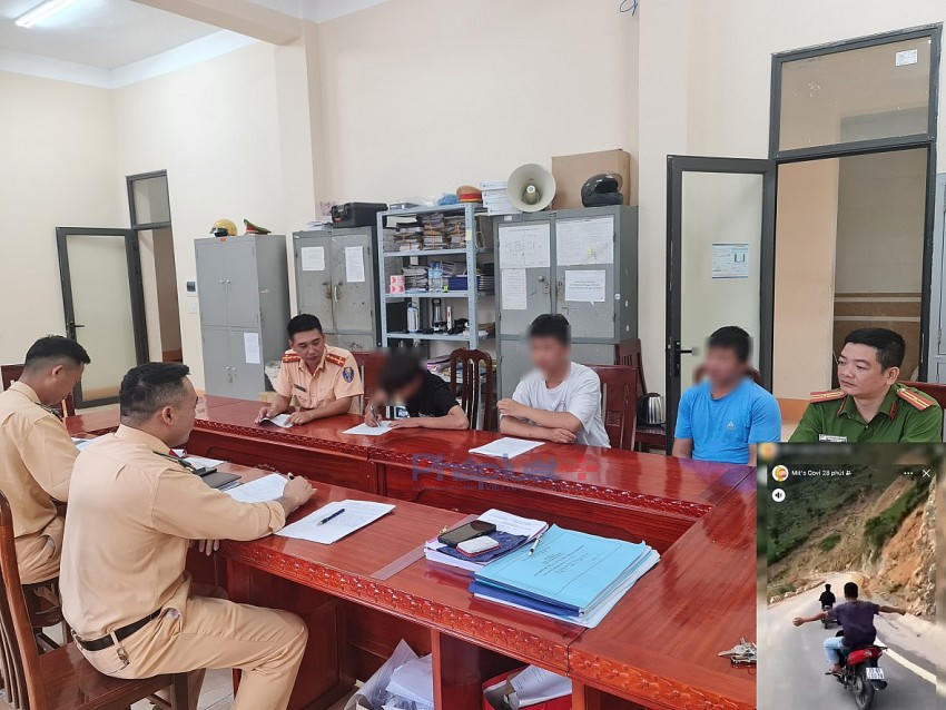 Công an huyện Mèo Vạc triệu tập nhóm thanh niên không đội mũ bảo hiểm, buông tay trong khi lái xe. (Ảnh: Công an huyện Mèo Vạc).