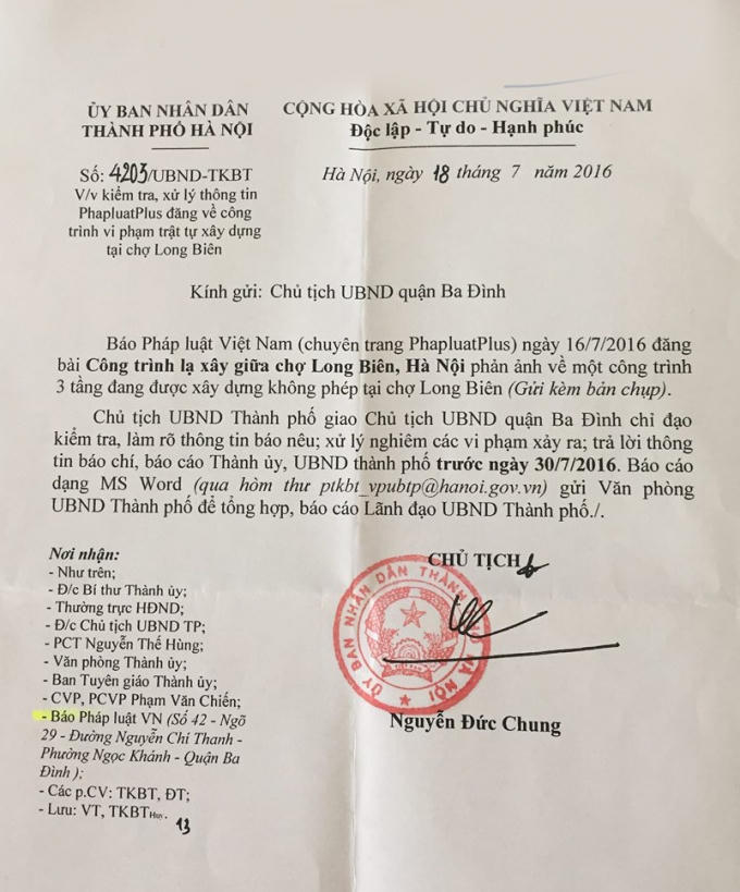 Công văn của Chủ tịch TP Hà Nội Nguyễn Đức Chung.
