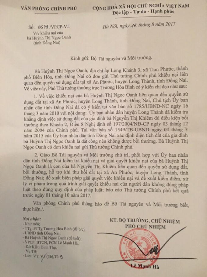 Văn bản Phó Thủ tướng chỉ đạo giải quyết đơn khiếu nại của bà Oanh.