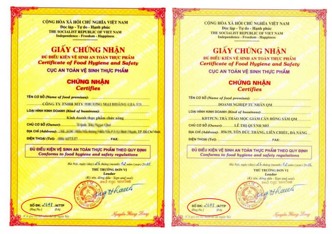 Giấy chứng nhận cơ sở đủ điều kiện ATTP của Doanh nghiệp tư nhân QM có số đăng ký trùng với một giấy chứng nhận khác được cấp từ năm 2011.