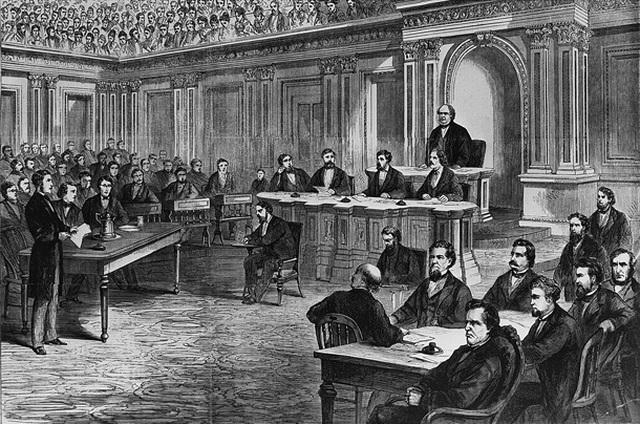 Phiên tòa xét xử cựu Tổng thống Mỹ Andrew Johnson tại Thượng viện năm 1868. (Ảnh: Bookreview)
