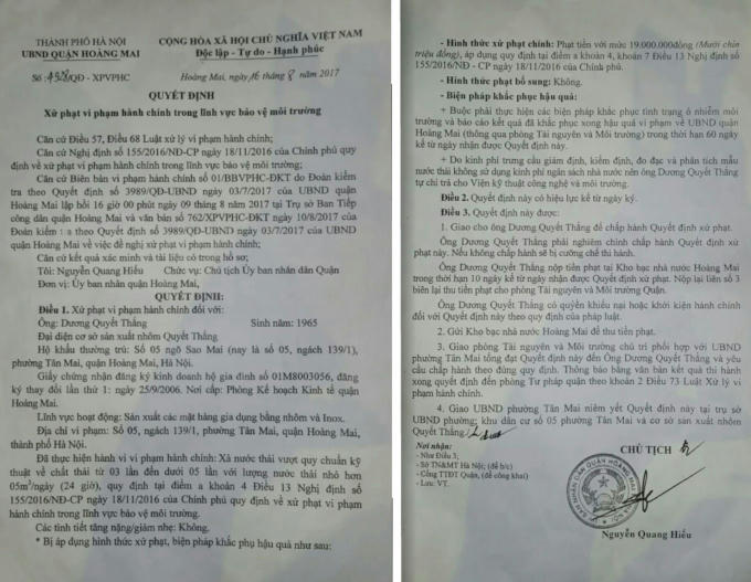Quyết định xử phạt vi phạm hành chính đối với cơ sở sx nhôm Quyết Thắng.