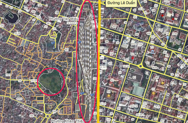 Khu vực Ga Hà Nội và Hồ Linh Quang (vòng tròn đỏ)