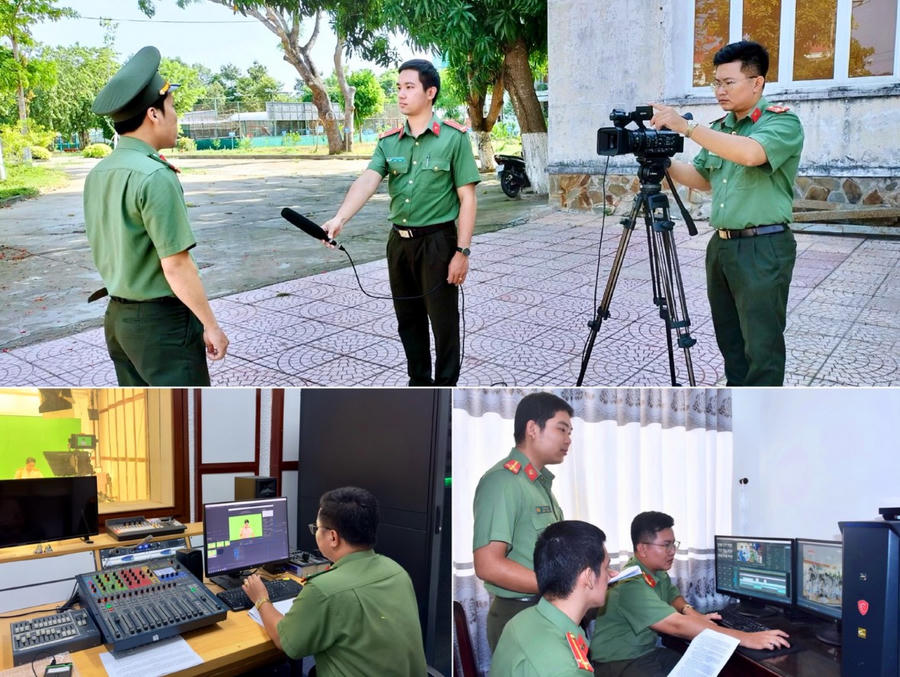 Đội ngũ cán bộ làm công tác thông tin, tuyên truyền của Công an tỉnh trực tiếp xây dựng kịch bản, thu âm, kỹ thuật dựng Chuyên mục “An ninh Bạc Liêu”.