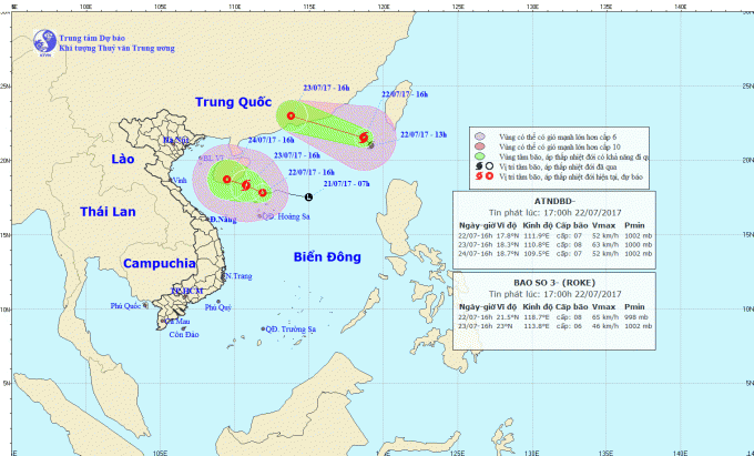 Dự b&aacute;o hướng đi của &aacute;p thấp nhiệt đới tr&ecirc;n biển v&agrave; cơn b&atilde;o số 3. Ảnh: nchmf.gov.vn