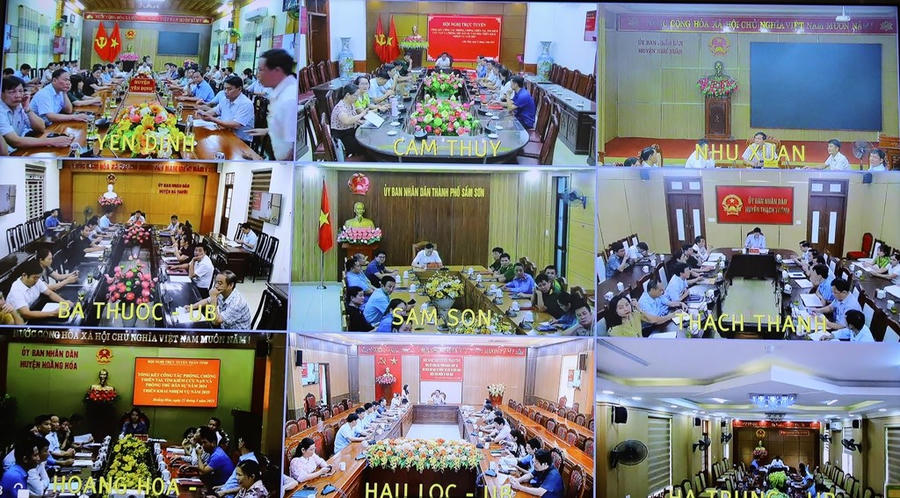 Toàn cảnh hội nghị tại các điểm cầu trực tuyến trên toàn tỉnh. (Ảnh: UBND tỉnh Thanh Hoá)