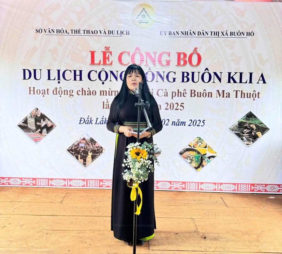Phó Giám đốc Sở Văn hóa, Thể thao và Du lịch tỉnh Đắk Lắk- Nguyễn Thụy Phương Hiếu phát biểu tại Lễ công bố. Ảnh: Thanh Hải