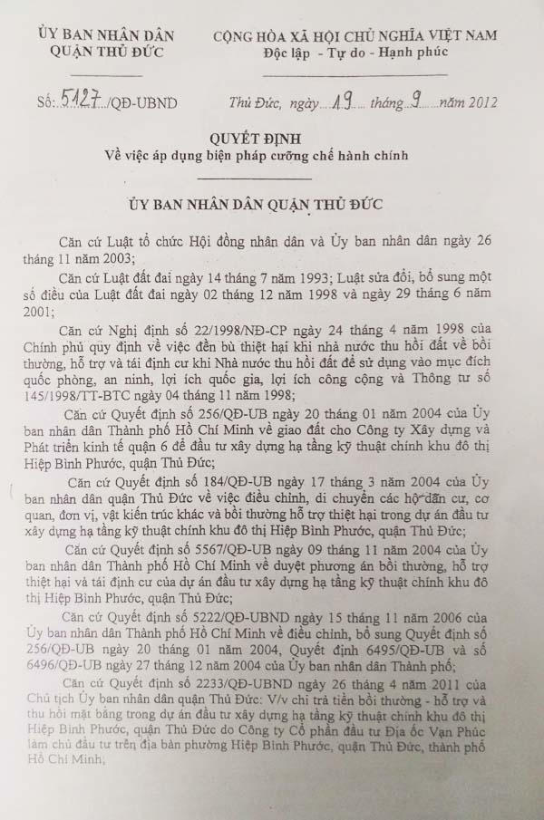 Quyết định của UBND quận Thủ Đức về việc áp dụng biện pháp cưỡng chế hành chính đối với đất của người dân.