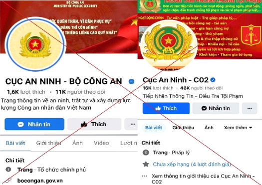 Các trang giả mạo Cục nghiệp vụ Bộ Công an có xác thực tích xanh.