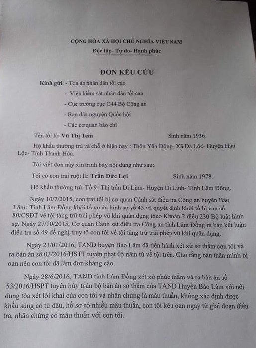 Đơn kêu cứu của bà Vũ Thị Tem.